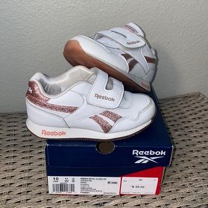Toddler girls white Reebok with rose gold glitter